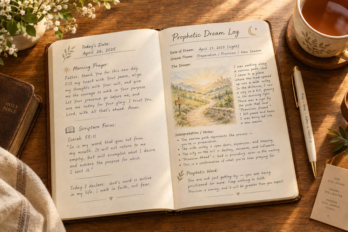 Open prophetic prayer journal on a wooden desk showing a completed daily entry on the left page and a prophetic dream log on the right page, with a cup of tea and pen in soft morning light