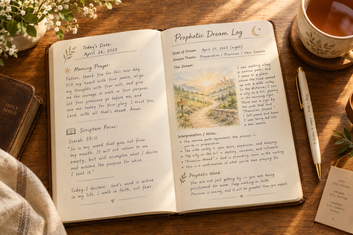 Open prophetic prayer journal on a wooden desk showing a completed daily entry on the left page and a prophetic dream log on the right page, with a cup of tea and pen in soft morning light
